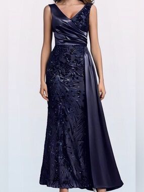 Navy Embellished Satin Evening Dress - Sleeveless V-Neck
